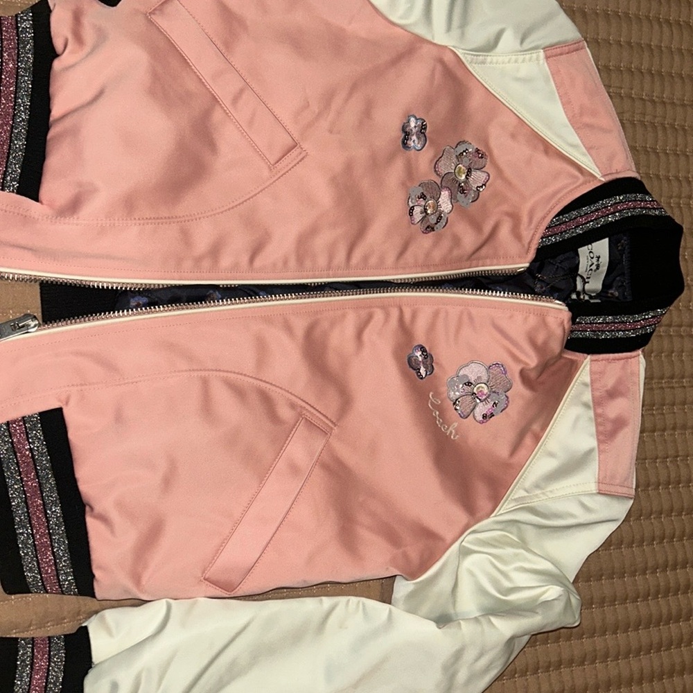 Coach Pink and White Leather Jacket with Silver Accents